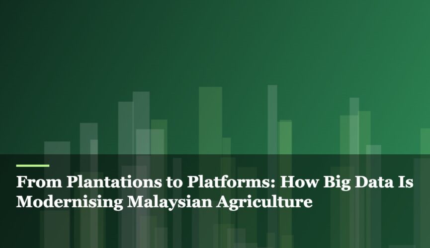 Illustration of palm plantation rows overlaid with a digital data grid, representing big data and AI modernising Malaysian agriculture